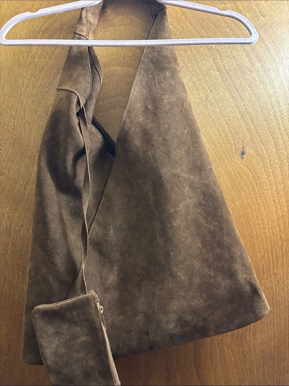 Brown Suede Hobo Bag with Pouch - Women